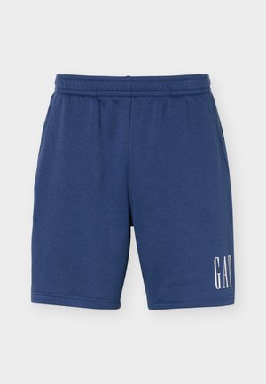 Niebieskie szorty z elastycznym paskiem, kieszeniami po bokach i białym logo "GAP" na dolnej lewej nodze.