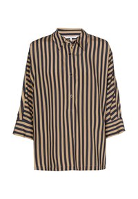 Beige and navy striped blouse with a collared neck, long sleeves, and a button-down front. Smooth fabric with vertical stripes.