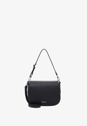 Sort læder skuldertaske, struktureret overflade, buet form, justerbar rem, sølv hardware detaljer, kompakt design velegnet til daglig brug.