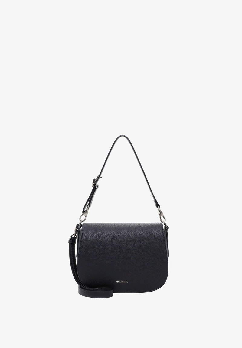 Juodas odinis pečių krepšys, tekstūruotas paviršius, kreivai formuotas, reguliuojama petneša, sidabro akcentai, kompaktiškas dizainas, tinkantis kasdieniam naudojimui.