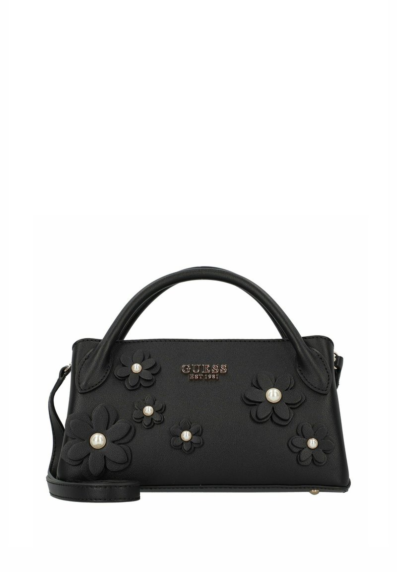 Bolso negro con apliques florales y acentos de perlas. Presenta una forma estructurada, asa superior y correa desmontable. Logotipo en el frente.