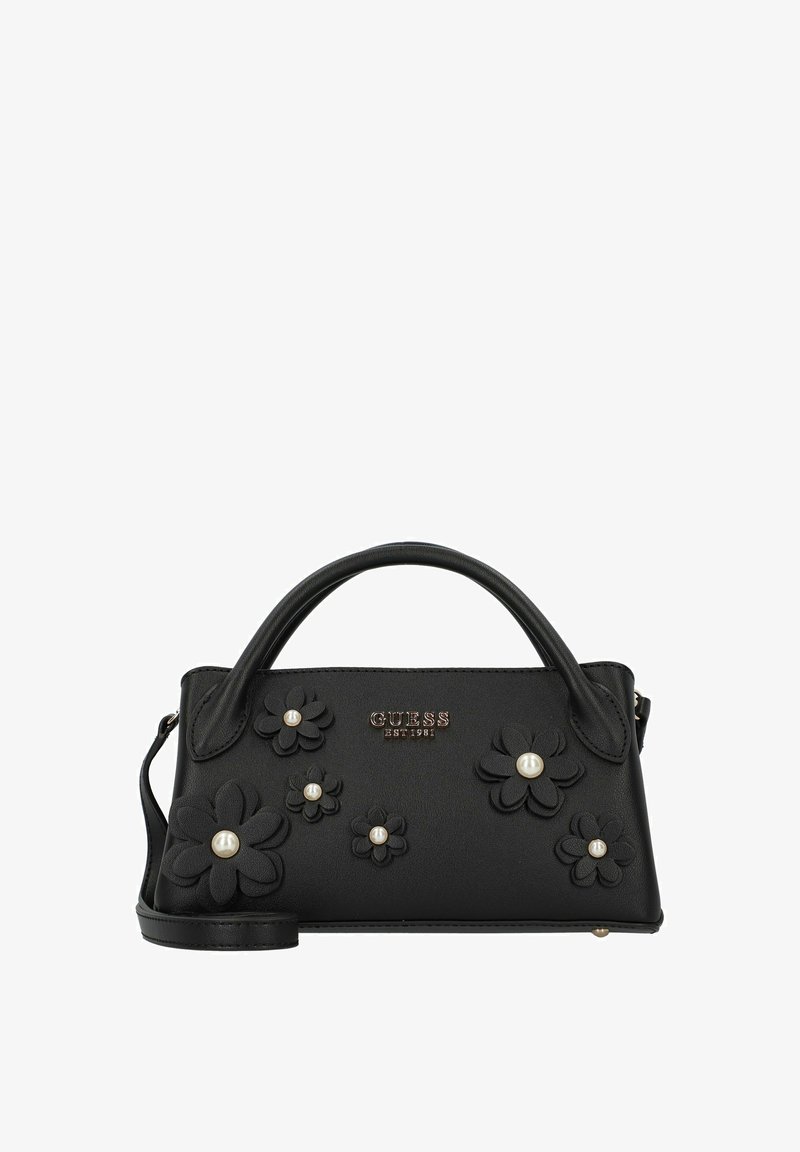 Bolso negro con apliques florales y acentos de perlas. Presenta una forma estructurada, asa superior y correa desmontable. Logotipo en el frente.