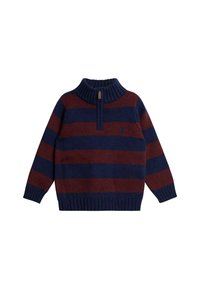 Gestreifter Strickpullover in Marineblau und Burgunderrot mit einem Reißverschluss am Stehkragen sowie gerippten Bündchen und Saum, versehen mit einem kleinen Segelboot-Logo auf der Brust.