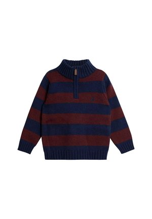 Gestreifter Strickpullover in Marineblau und Burgunderrot mit einem Reißverschluss am Stehkragen sowie gerippten Bündchen und Saum, versehen mit einem kleinen Segelboot-Logo auf der Brust.