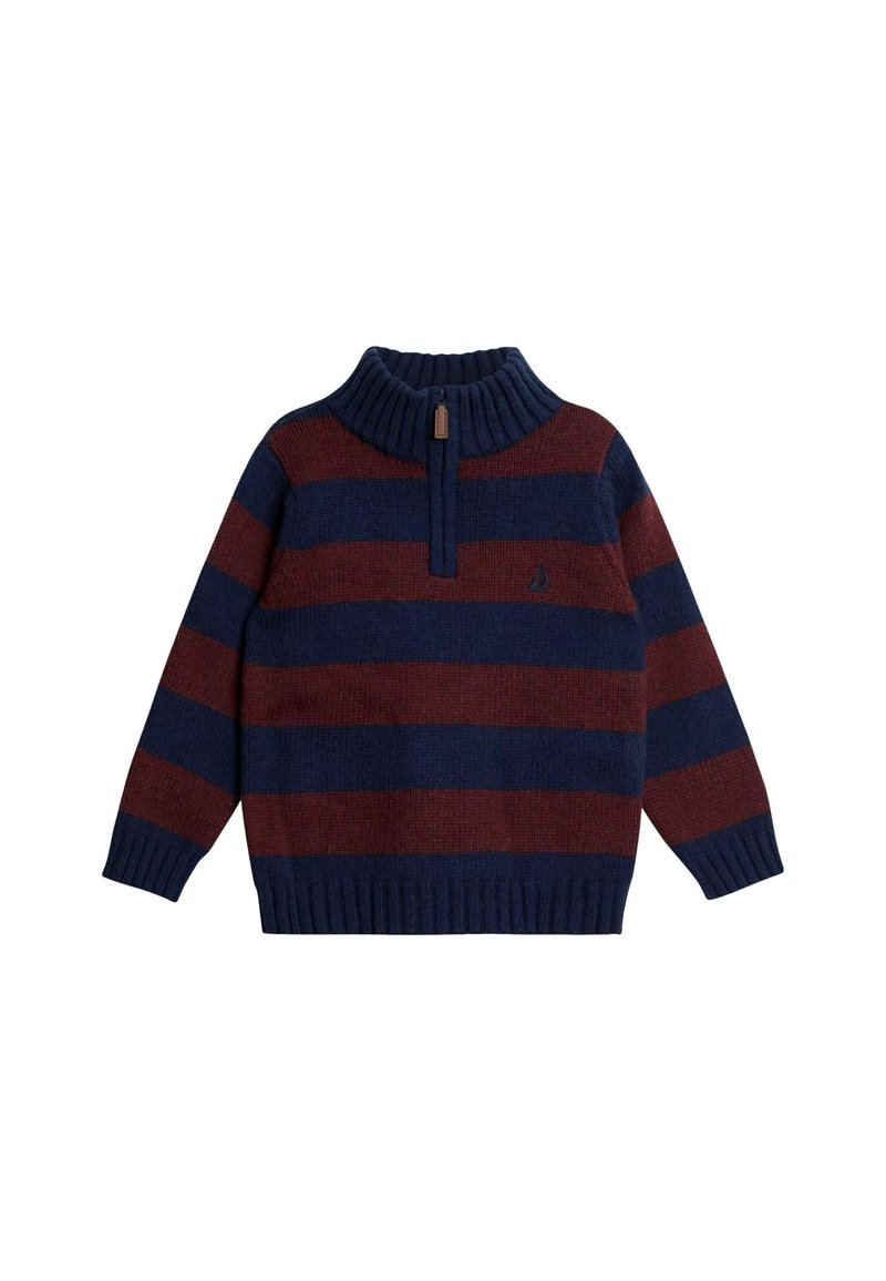 Gestreifter Strickpullover in Marineblau und Burgunderrot mit einem Reißverschluss am Stehkragen sowie gerippten Bündchen und Saum, versehen mit einem kleinen Segelboot-Logo auf der Brust.