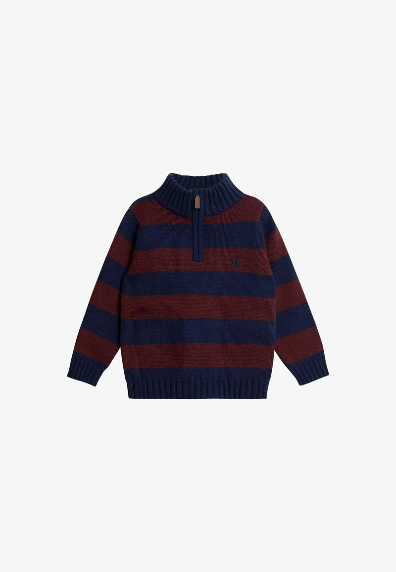 Pulover z navy in burgundskimi črtami iz pletenine z zadrgo in ovratnikom tipa mock ter rebrastimi manšetami in robom, s majhnim logotipom jadrnice na prsih.
