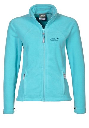 Veste polaire bleu clair zippée avec col montant, deux poches latérales zippées et logo Jack Wolfskin brodé sur la poitrine.