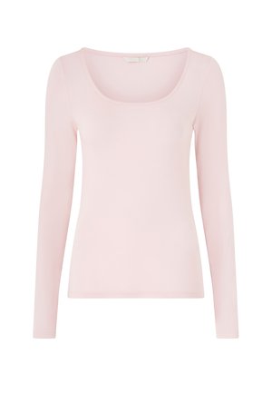 Lichtroze, nauwsluitend damesshirt met lange mouwen, een ronde scoop-halslijn en zonder zichtbare patronen of versieringen.