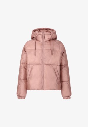 Forkortet, lyserød pufferjakke lavet af skinnende materiale, med hætte, frontlynlås, snoretræk og sidelommer. Struktureret, quiltet design.