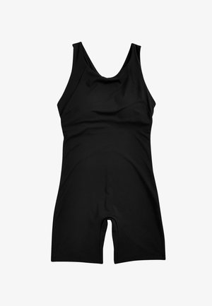 Juodas vientisas maudymosi kostiumėlis su prigludusiu dizainu, plačiomis petnešomis, apvaliu iškirpimu ir trumpomis kojomis. Pagamintas iš lygaus audinio.