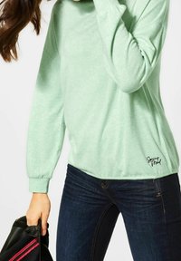 Světle zelená mikina s jemnou texturou, uvolněným střihem a dlouhými rukávy. Má malé černé vyšívané logo blízko lemu.