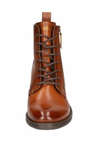 Braune Lederknöchelstiefel mit runder Zehenform, Schnürung vorne, seitlichem Reißverschluss und einer glatten Textur. Verfügt über ein Logo am Schaft.