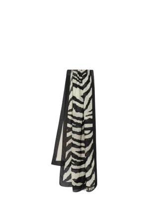 Sciarpa lunga rettangolare con strisce zebra nere e bianche e un bordo nero solido, drappeggiata per mostrare il motivo e la texture.