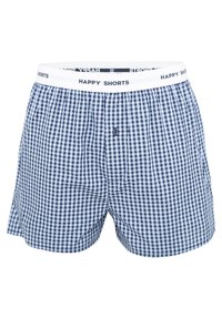 Boxer in gingham navy e bianco con vita elastica etichettata "HAPPY SHORTS" e un bottone decorativo sul davanti. Tessuto di cotone.
