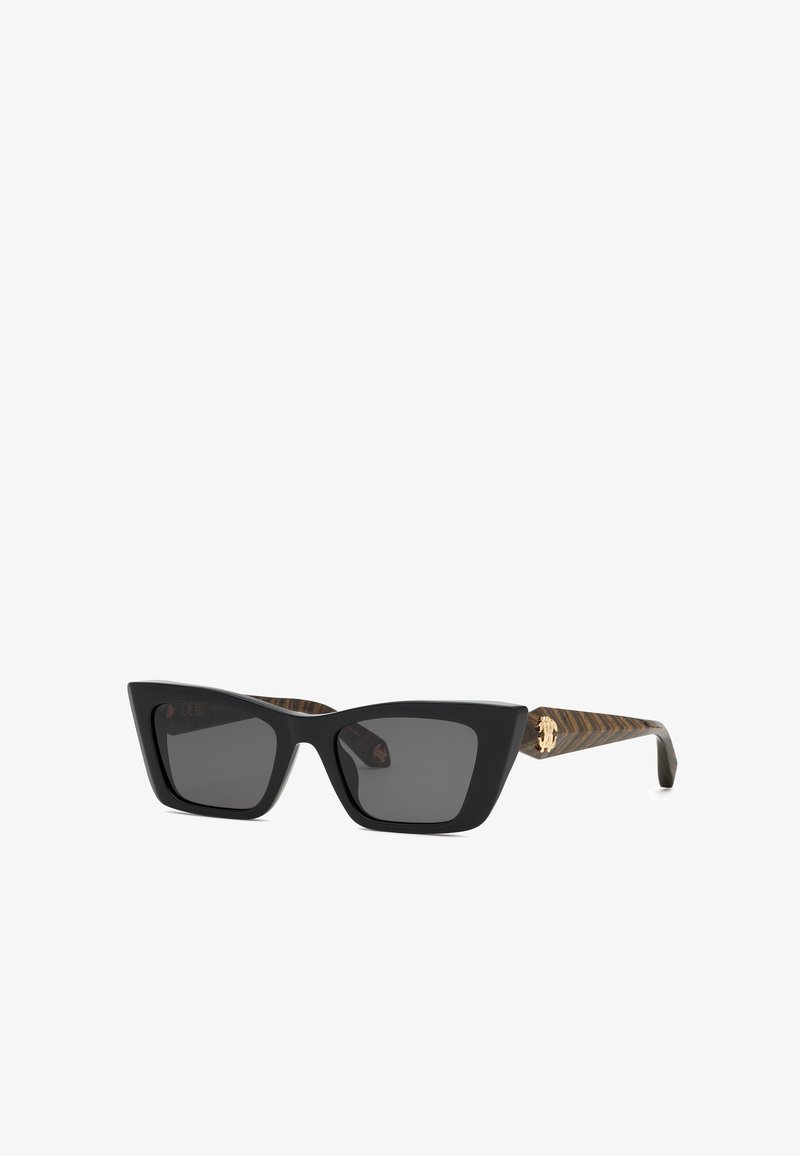 Black rectangular sunglasses with dark lenses and brown patterned arms featuring a small gold lion emblem on the side.