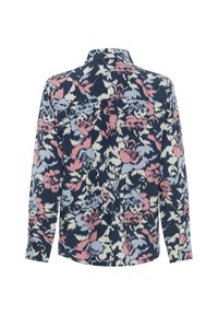 Blumenhemd in Marineblau mit rosa und hellblauen Blumen. Langärmlig, mit Kragen, geradem Saum und subtiler Textur.