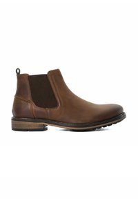 Brown leather chelsea boot with elastic side panels, textured fabric inserts, and a looped heel pull tab. Rubber sole with traction details.