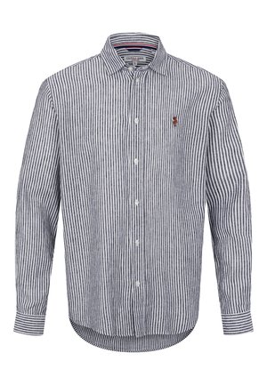Gestreiftes Button-up-Hemd in Marineblau und Weiß, mit langen Ärmeln, abgerundetem Saum, versehen mit einem kleinen gestickten Logo auf der Brust, aus gewebtem Stoff gefertigt.