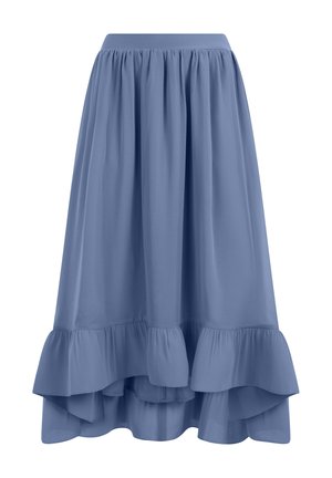 Blue high-low skirt with ruffled hem and gathered waist, made from lightweight fabric, displayed on a white background.
