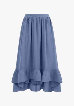 Blue high-low skirt with ruffled hem and gathered waist, made from lightweight fabric, displayed on a white background.