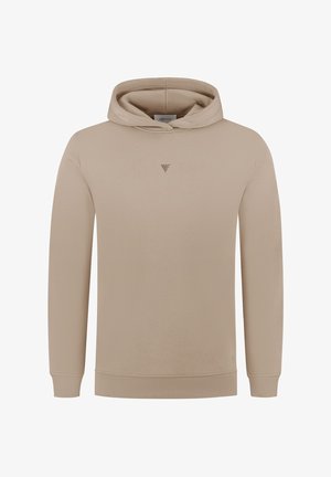 Beige hoodie met lange mouwen, geribbelde manchet- en zoomrand en een klein driehoekig logo op de middelste borst en de onderste zoom.