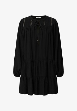 Musthave mustripsi ja ümar kaelus, nööri detail, peened volangid ja kihiline hem. Pehme tekstureeritud kangas kuldsetes aktsentides.