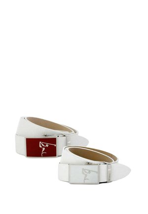 White leather belts with rectangular metallic buckles. One buckle features a red background with a white logo, the other has a white background.