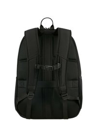 Zaino nero con schienale e spallacci in rete imbottita, hardware regolabile e design strutturato con manico superiore per un facile trasporto.