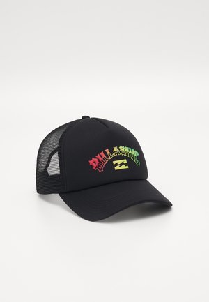 Casquette de baseball noire avec un dos en mesh, arborant un logo coloré en rouge, jaune et vert à l'avant. Tissu lisse avec une visière courbée.