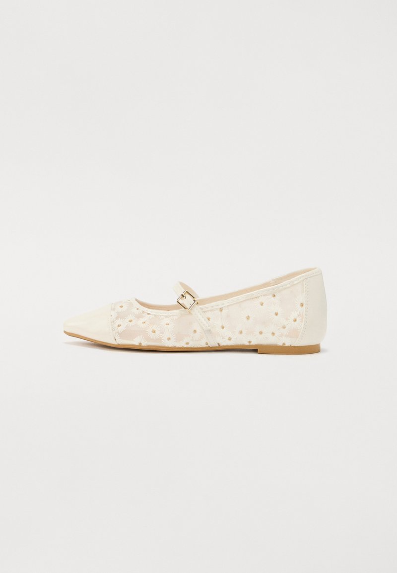 Ballerines à bout pointu en crème avec une tige en mesh brodée de fleurs, détail de boucle dorée et semelle plate en caoutchouc.