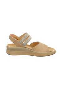 Beige women's open-toe sandal with cushioned sole, two elastic ankle straps, and a low wedge heel.