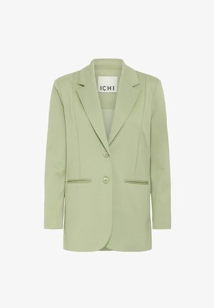 Light green blazer made of soft fabric, featuring a notched collar, two buttons, and two front pockets with piped details.