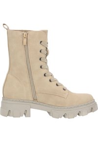Botas de ante beige hasta el tobillo con cremallera lateral, parte delantera con cordones, suela texturizada y un diseño robusto y grueso.