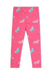 Roze legging gemaakt van zachte stof met een herhaald patroon van eenhoorns en regenbogen in blauw, roze en bloemenaccenten. Elastische tailleband.