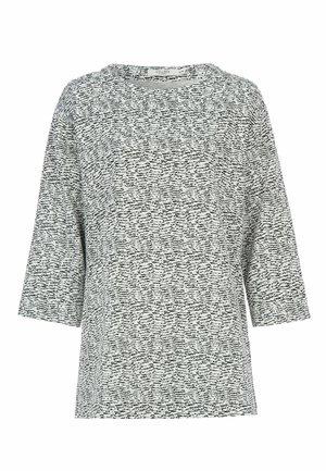 Kurzärmeliges Oberteil aus einem grauen und weißen strukturierten Stoff mit einem lockeren Schnitt, einem Rundhalsausschnitt und einem dezenten schwarzen Muster durchgehend.