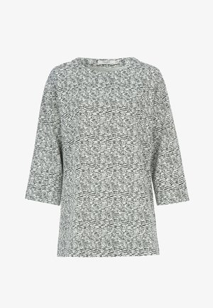Kurzärmeliges Oberteil aus einem grauen und weißen strukturierten Stoff mit einem lockeren Schnitt, einem Rundhalsausschnitt und einem dezenten schwarzen Muster durchgehend.
