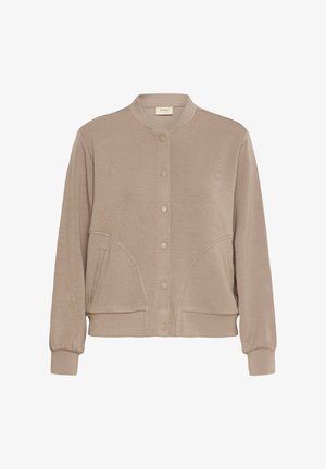 Veste décontractée marron clair avec des boutons-pression, des poignets élastiques, des poches latérales et un col rond, présentée sur fond blanc.