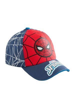 Children's baseball cap with red front featuring Spider-Man face and blue brim with Marvel Spider-Man logo, navy sides with white web patterns.