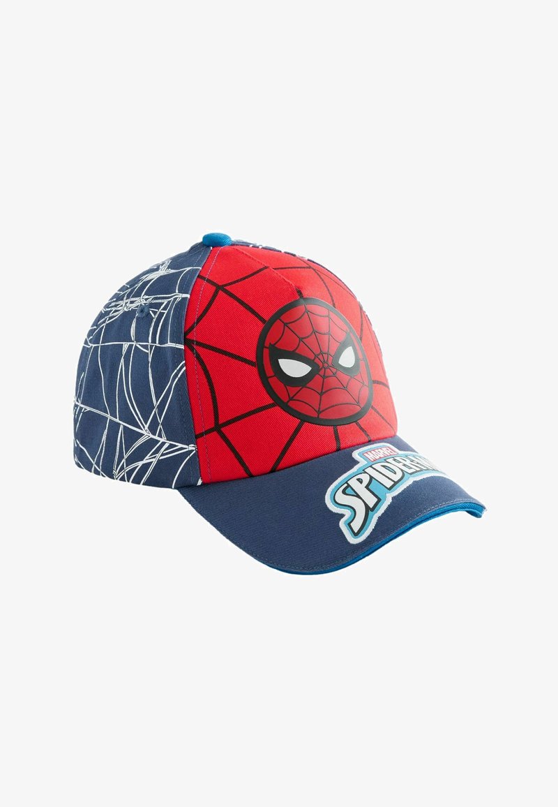 Casquette de baseball pour enfants avec devant rouge affichant le visage de Spider-Man et une visière bleue ornée du logo Marvel Spider-Man, côtés bleu marine avec motifs de toiles d'araignée blancs.
