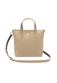 Borsa a tracolla in pelle beige con finitura testurizzata, doppio manico e tracolla removibile. Presenta un accento con logo argentato sul davanti.