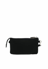 Pochette rectangulaire noire avec fermeture éclair et petite ferrure métallique argentée sur fond blanc.