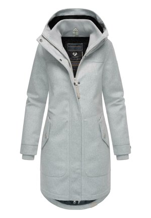 Light gray coat with a zippered front, large pockets, and a hood. Features textured fabric and a patterned inner lining.