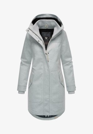 Light gray coat with a zippered front, large pockets, and a hood. Features textured fabric and a patterned inner lining.