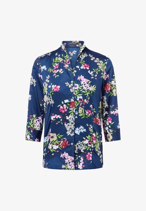 Marineblaues Blumenhemd mit Dreiviertelärmeln, aus glattem Stoff, mit bunten Blüten in Rosa, Weiß und Grün und Knopfverschluss.