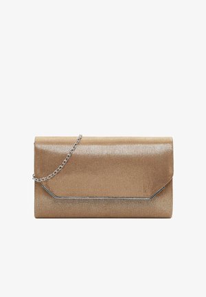 Gold textured clutch purse with silver chain strap and thin silver trim on front flap closure.