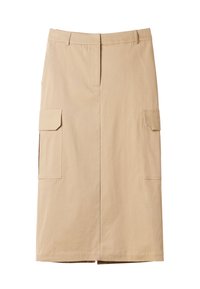 Beige bomullsskjørt med rett design, har to sidelommer, et midjebånd og en kne-lengde med rene kanter.