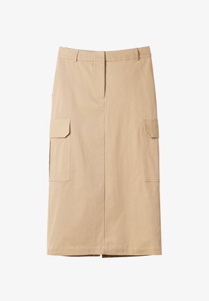 Jupe en coton beige au design droit, comprenant deux poches latérales, une taille et une coupe au genou avec des bords nets.