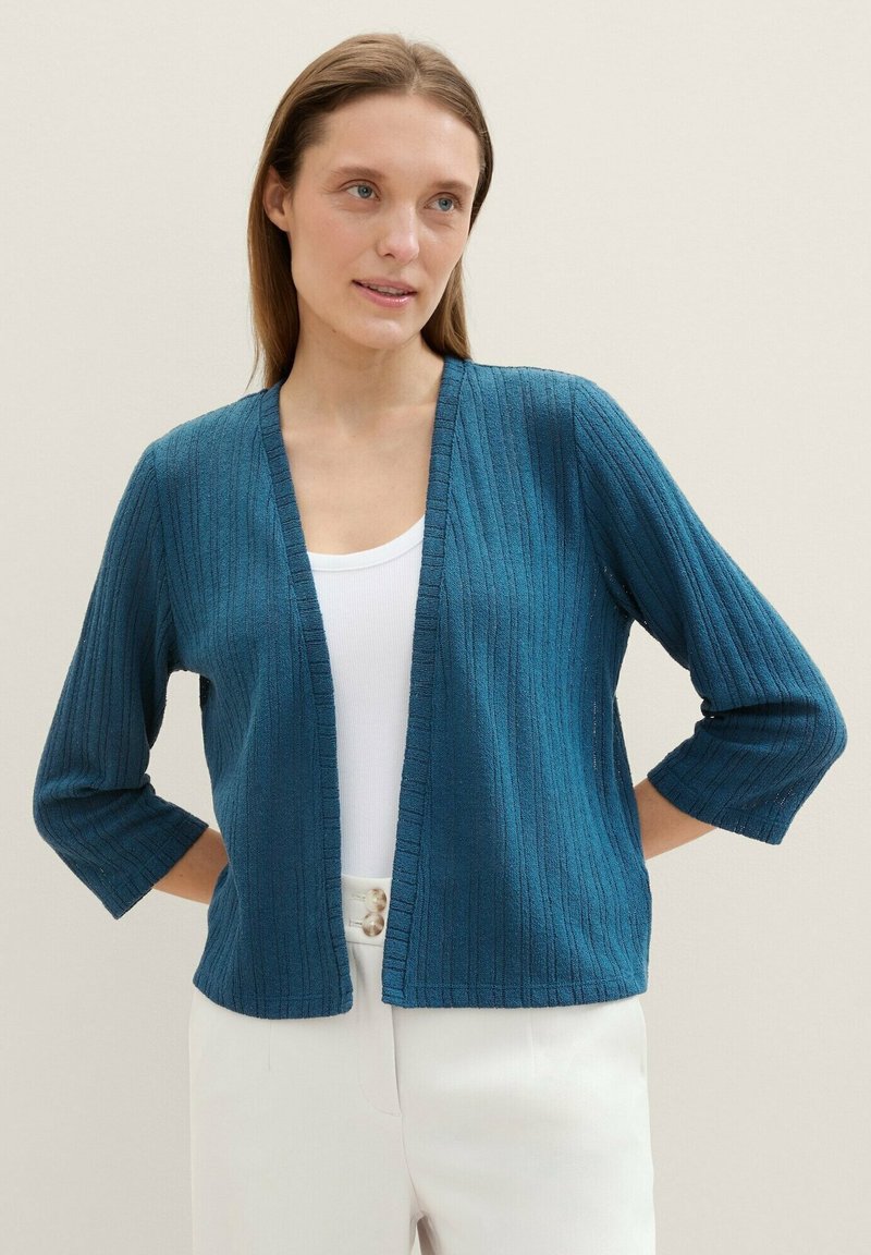 Türkisfarbene, gerippte Strickjacke mit V-Ausschnitt und dreiviertellangen Ärmeln, kombiniert mit einem weißen Tanktop. Der Stoff hat eine weiche Textur und einen dezenten Glanz.