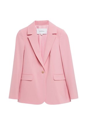 Single-button, light pink women's blazer with notched lapels and flap pockets, size 36, label "COMMA," displayed on white background.