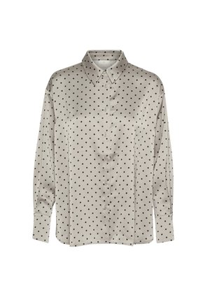 Hedvábná košile s dlouhým rukávem v světle šedé barvě s černými puntíky, s klasickým límcem a zapínáním na knoflíky na zápěstí. Hladká textura.